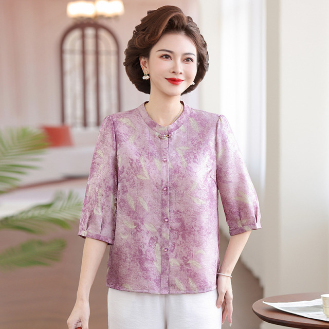 13316735.珍真羊 妈妈装夏季中袖衬衫新中式国风印花衬衣女