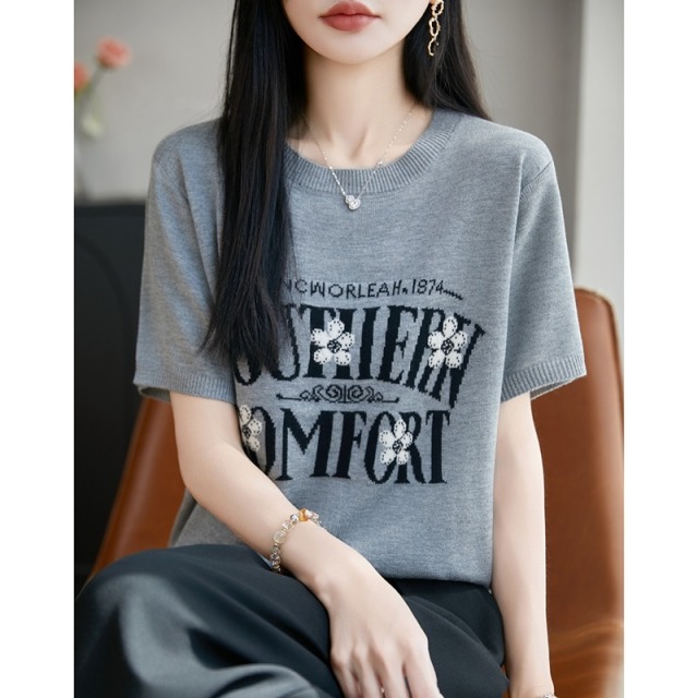 13316087.珍真羊 夏季圆领提花针织短袖上衣时尚休闲百搭T恤女
