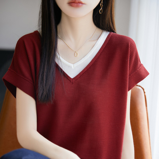 13322593.珍真羊 夏季莱赛尔天丝短袖条纹针织T恤女