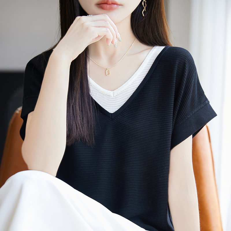 13322593.珍真羊 夏季莱赛尔天丝短袖条纹针织T恤女