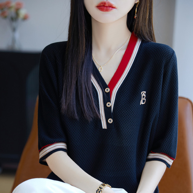 13322277.珍真羊 夏季V领莱赛尔天丝针织T恤中袖薄款上衣女