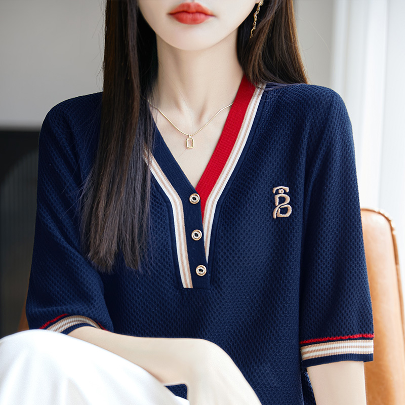 13322277.珍真羊 夏季V领莱赛尔天丝针织T恤中袖薄款上衣女