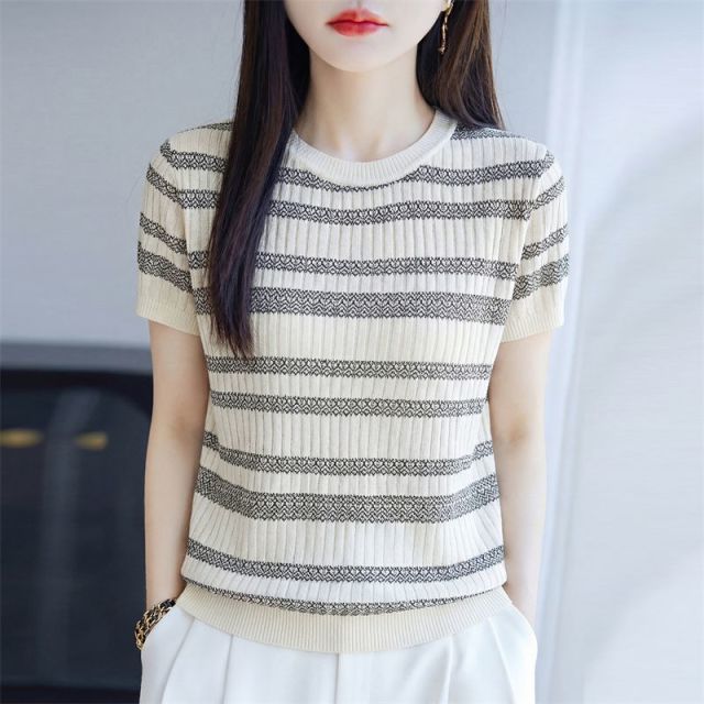 13321853.珍真羊 夏季天丝亚麻短袖T恤圆领针织薄款上衣女