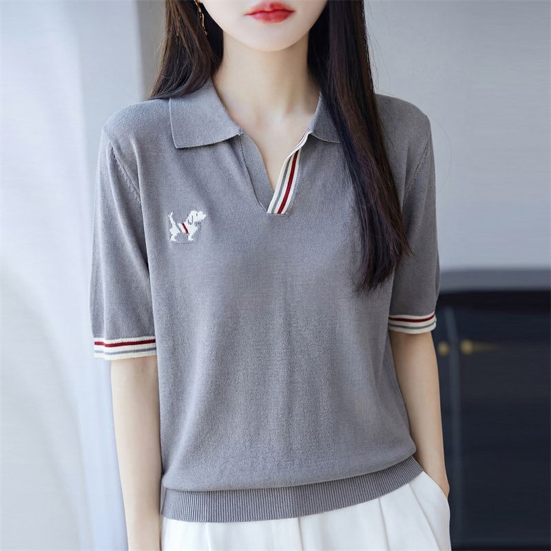 13321743.珍真羊 夏季翻领刺绣短袖T恤时尚百搭针织上衣女
