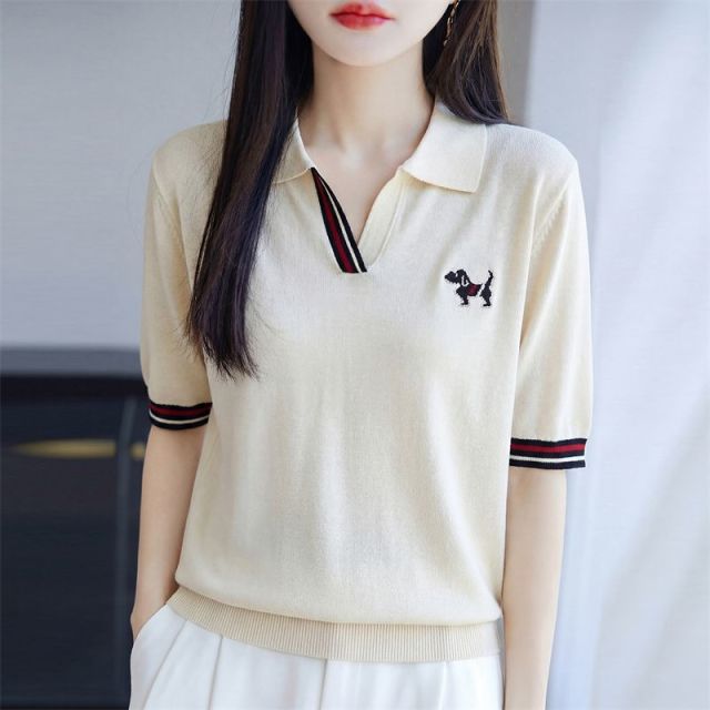 13321743.珍真羊 夏季翻领刺绣短袖T恤时尚百搭针织上衣女