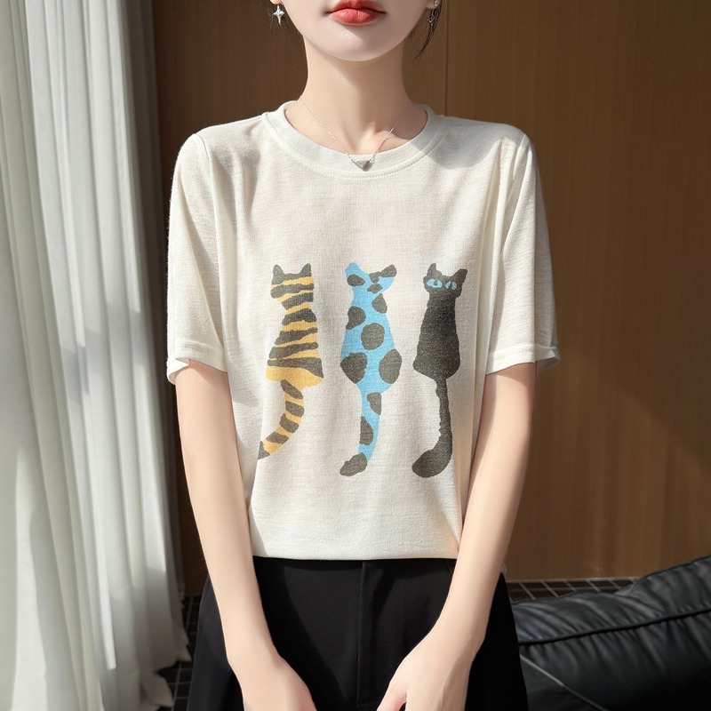 13327689.珍真羊 夏季圆领印花短袖T恤时尚休闲百搭薄款上衣女