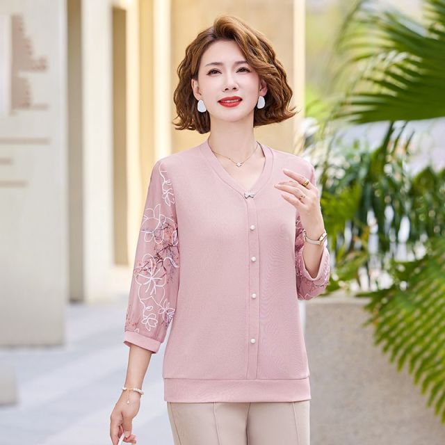 13336702.珍真羊 妈妈装夏季七分袖上衣时尚拼接印花T恤女