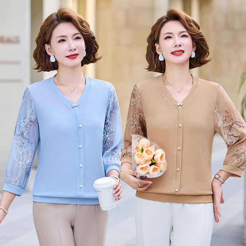 13336702.珍真羊 妈妈装夏季七分袖上衣时尚拼接印花T恤女