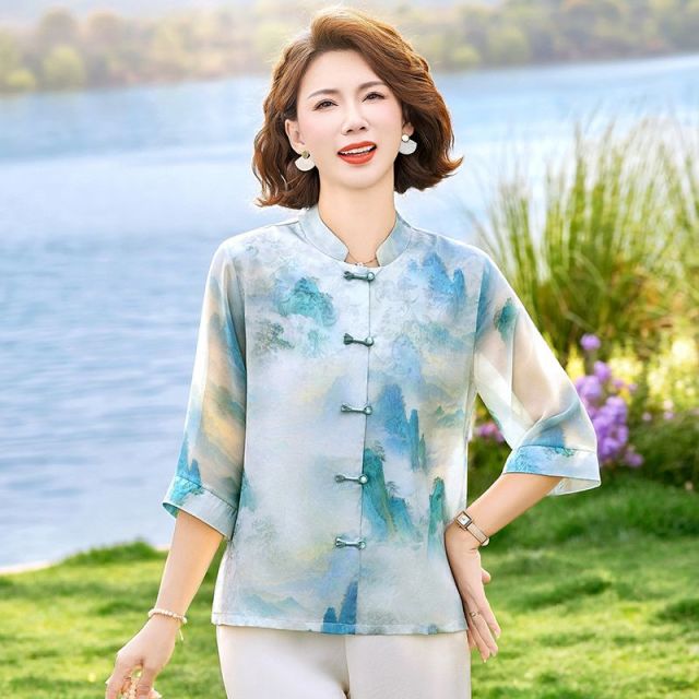 13341249.珍真羊 妈妈装夏季七分袖雪纺衬衫新中式国风上衣