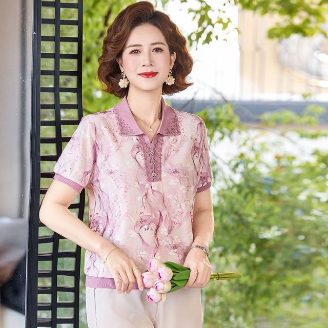 13343237.珍真羊 妈妈装夏季翻领印花上衣洋气短袖T恤女