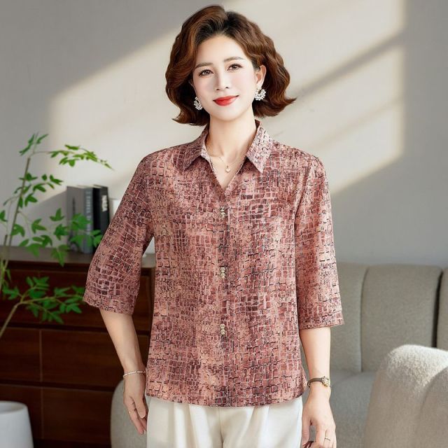 13345211.珍真羊 妈妈装夏季翻领印花上衣时尚休闲T恤女