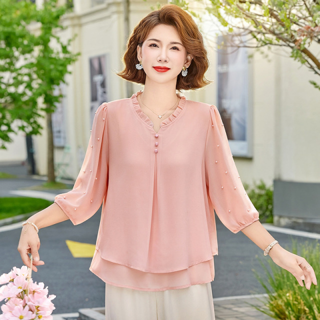 13349855.珍真羊 妈妈装夏季七分袖雪纺衫洋气宽松T恤女