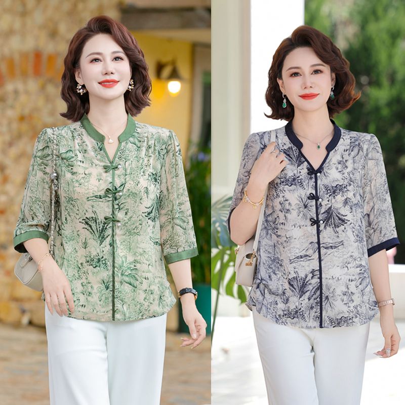 13350240.珍真羊 妈妈装雪纺衫女夏装洋气印花中袖T恤