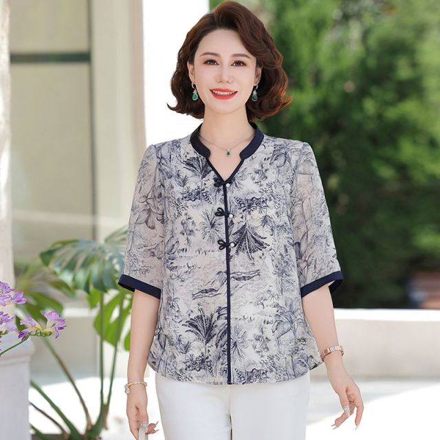 13350240.珍真羊 妈妈装雪纺衫女夏装洋气印花中袖T恤