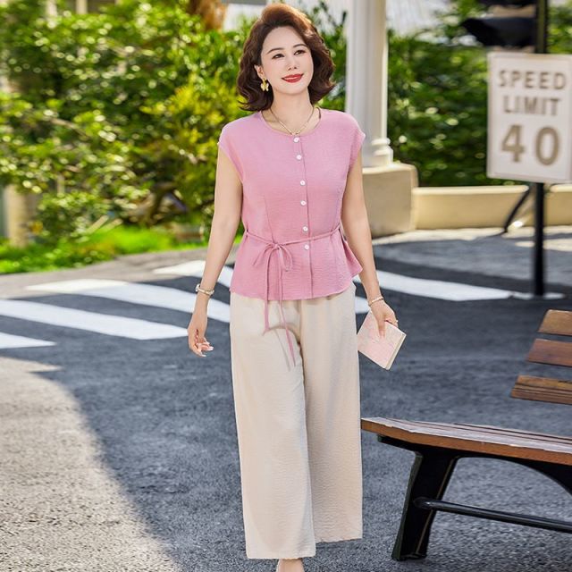 13393449.珍真羊 妈妈装夏季短袖套装时尚宽松薄款两件套女