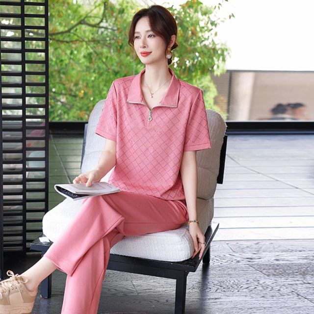13393854.珍真羊 夏季妈妈装加大码运动套装时尚休闲两件套女