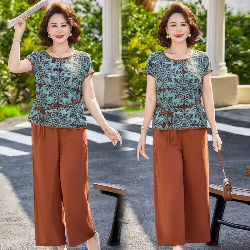 13393456.珍真羊 妈妈装夏季印花短袖套装洋气薄款两件套女