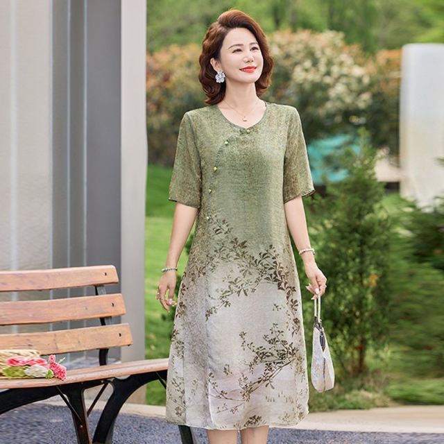 13393472.珍真羊 妈妈装夏季印花短袖连衣裙时尚宽松裙子女