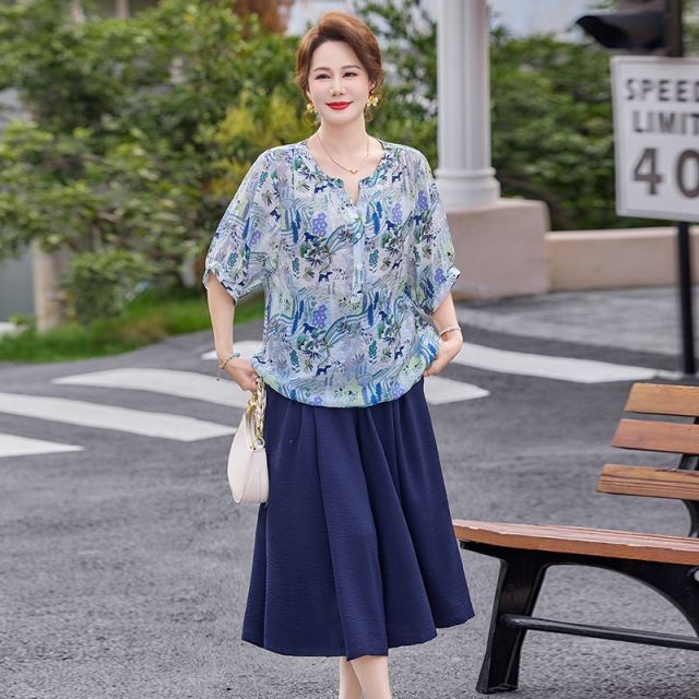 13393535.珍真羊 妈妈装夏季印花套装时尚休闲减龄两件套女