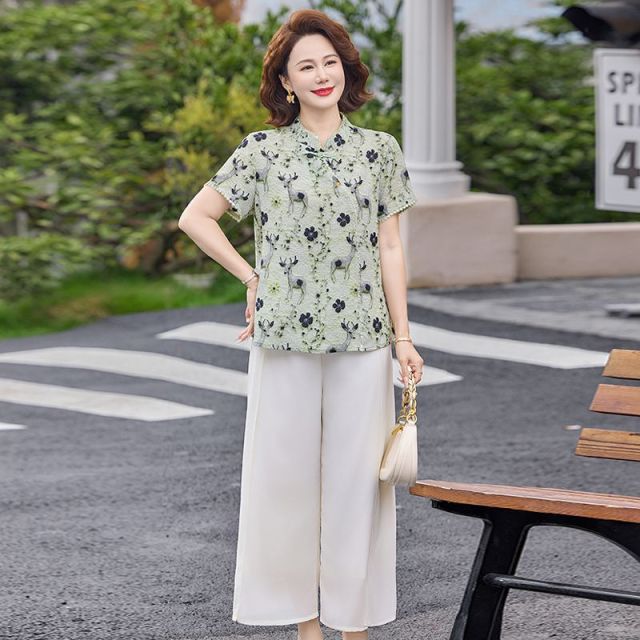 13394712.珍真羊 妈妈装夏季短袖印花套装新中式国风洋气两件套女