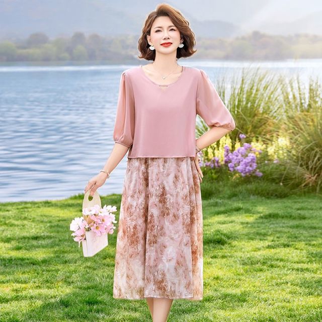 13395483.珍真羊 妈妈装夏季假两件连衣裙时尚印花百搭裙子女