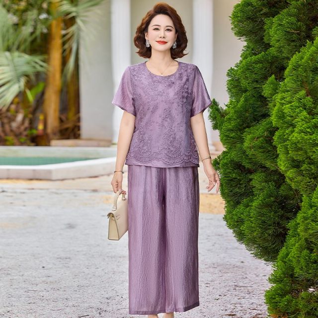 13395991.珍真羊 妈妈装夏季圆领蕾丝套装时尚宽松减龄两件套女