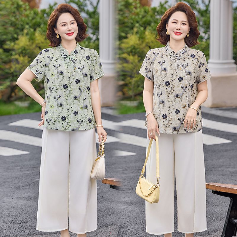 13394712.珍真羊 妈妈装夏季短袖印花套装新中式国风洋气两件套女