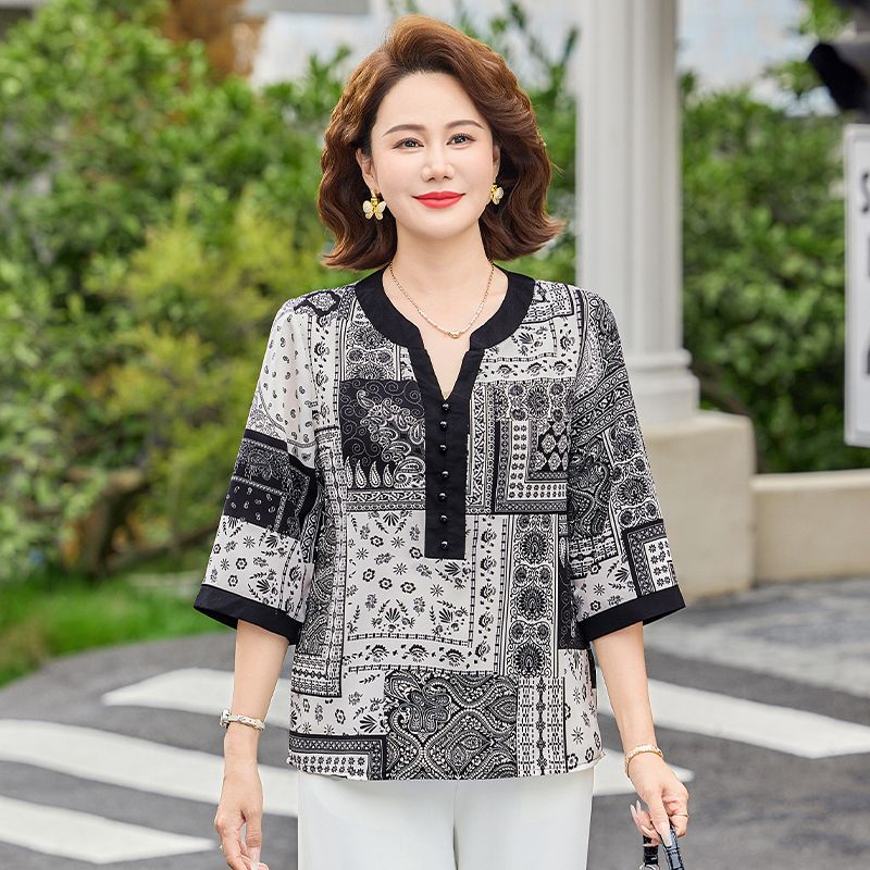 13410936.珍真羊 妈妈装夏季印花T恤时尚薄款中老年上衣女
