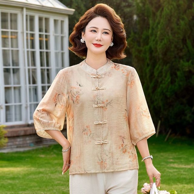 13415159.珍真羊 妈妈装夏季国风七分袖上衣时尚薄款减龄T恤女