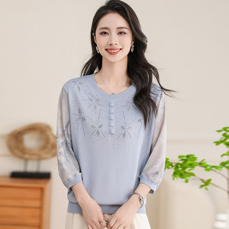 13414747.珍真羊 夏季圆领纱袖小衫时尚减龄针织上衣女