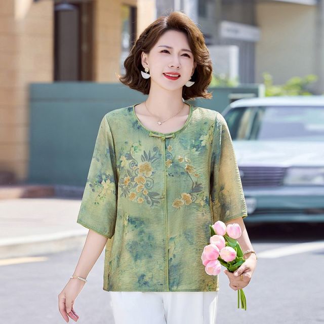 13416119.珍真羊 妈妈装夏季圆领T恤国风印花中袖上衣女