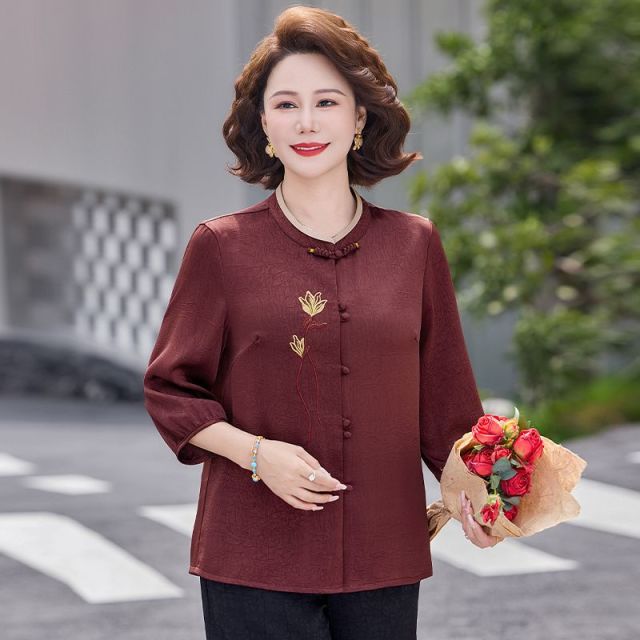 13417391.珍真羊 妈妈装夏季新中式七分袖衬衫时尚百搭衬衣女