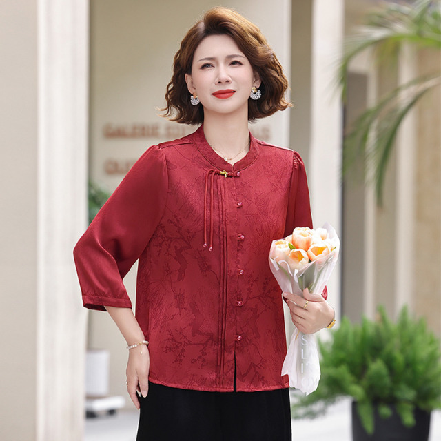 13417257.珍真羊 妈妈装夏季国风七分袖衬衫时尚百搭薄款上衣女