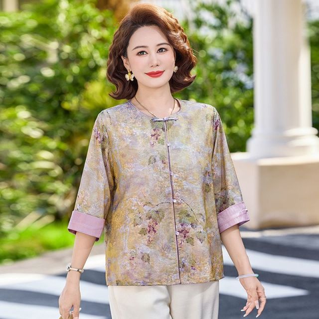 13418912.珍真羊 妈妈装夏季复古盘口衬衫时尚印花上衣女
