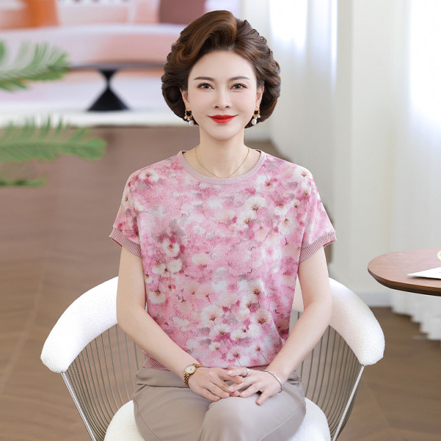 13419224.珍真羊 妈妈装夏季圆领印花T恤洋气短袖上衣女