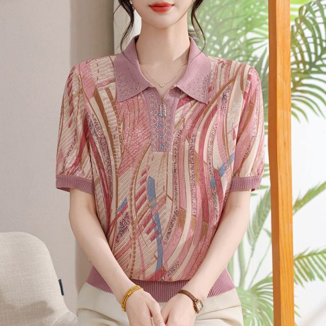 13420214.珍真羊 妈妈装夏季翻领印花短袖T恤时尚宽松减龄上衣女