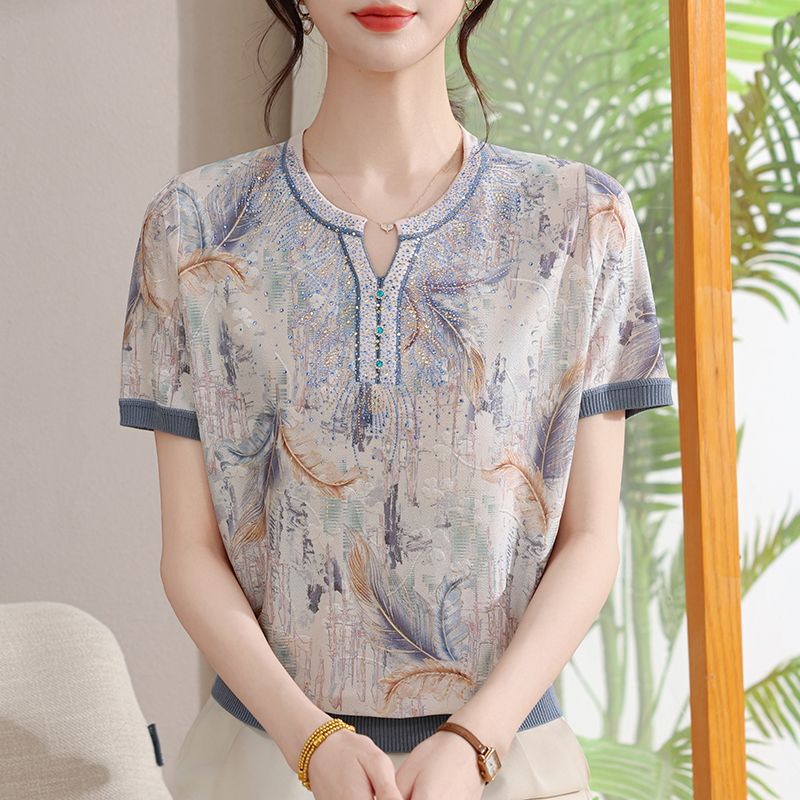 13420366.珍真羊 妈妈装夏季印花短袖上衣时尚宽松薄款透气T恤女