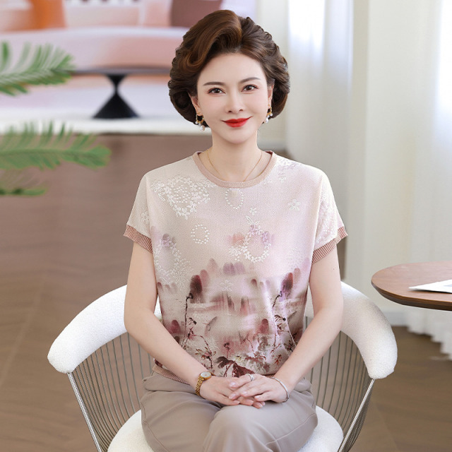 13419726.珍真羊 妈妈装夏季山水印花T恤时尚短袖上衣女