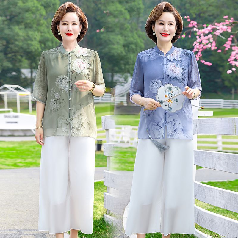 13423679.珍真羊 妈妈装夏季国风印花套装时尚薄款两件套女