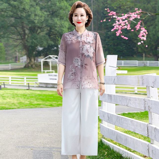 13423679.珍真羊 妈妈装夏季国风印花套装时尚薄款两件套女