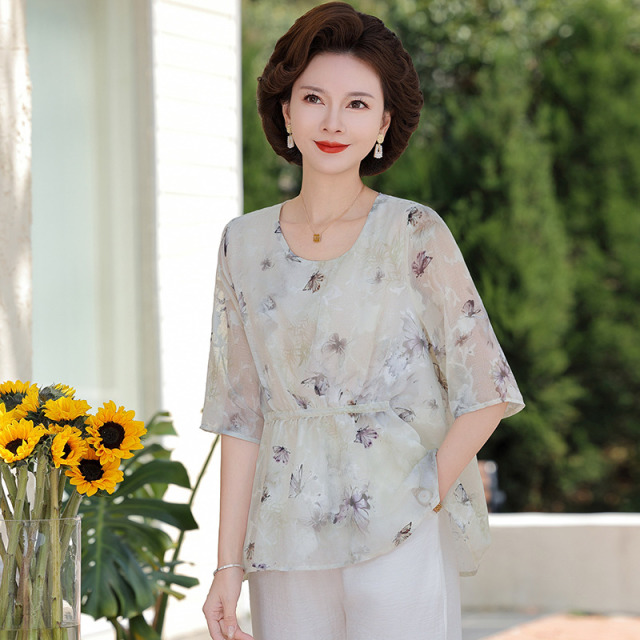 13437691.珍真羊 妈妈装雪纺衫女夏装时尚洋气圆领印花T恤上衣