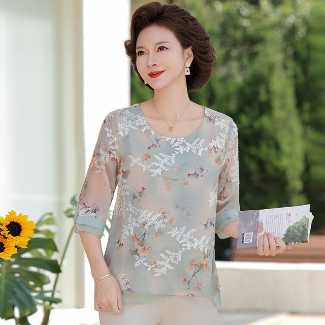 13437728.珍真羊 雪纺衫女夏装时尚洋气印花五分袖T恤