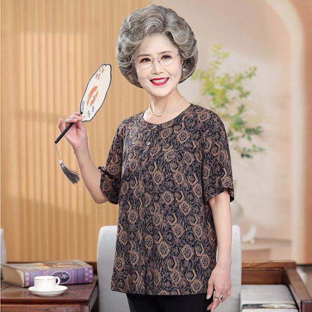 13438408.珍真羊 妈妈装夏季圆领短袖衬衫时尚宽松百搭上衣