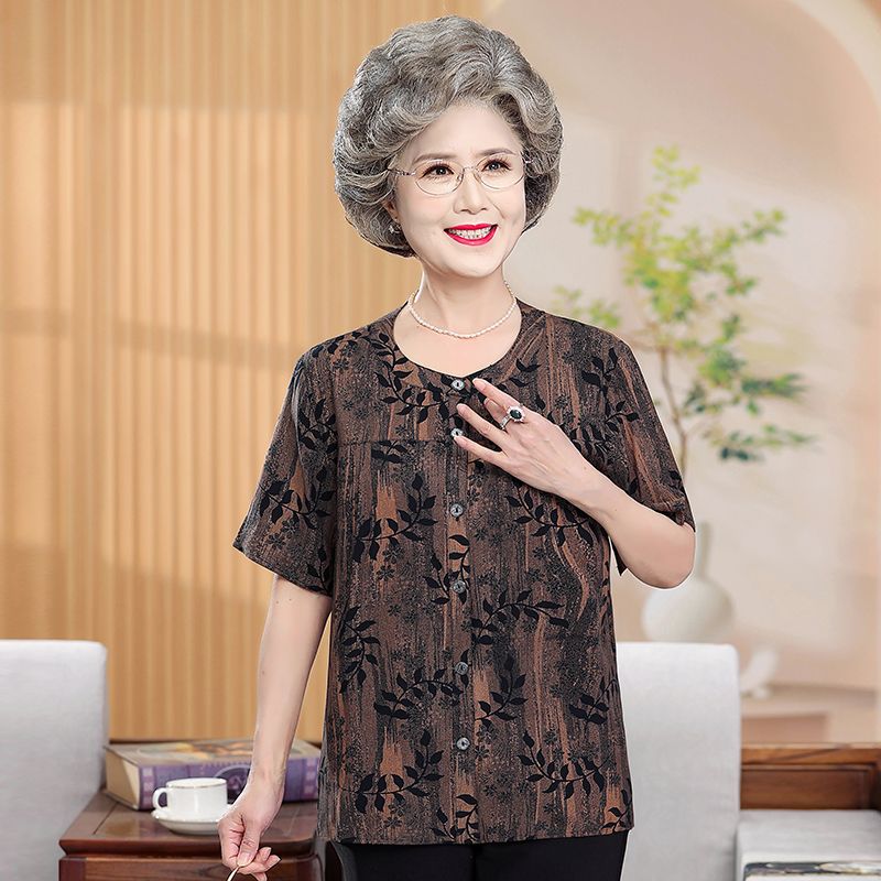 13438408.珍真羊 妈妈装夏季圆领短袖衬衫时尚宽松百搭上衣