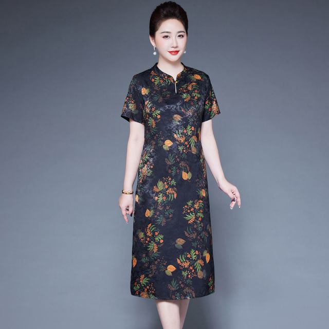 13441854.珍真羊 旗袍连衣裙夏装新款妈妈装新中式印花裙子
