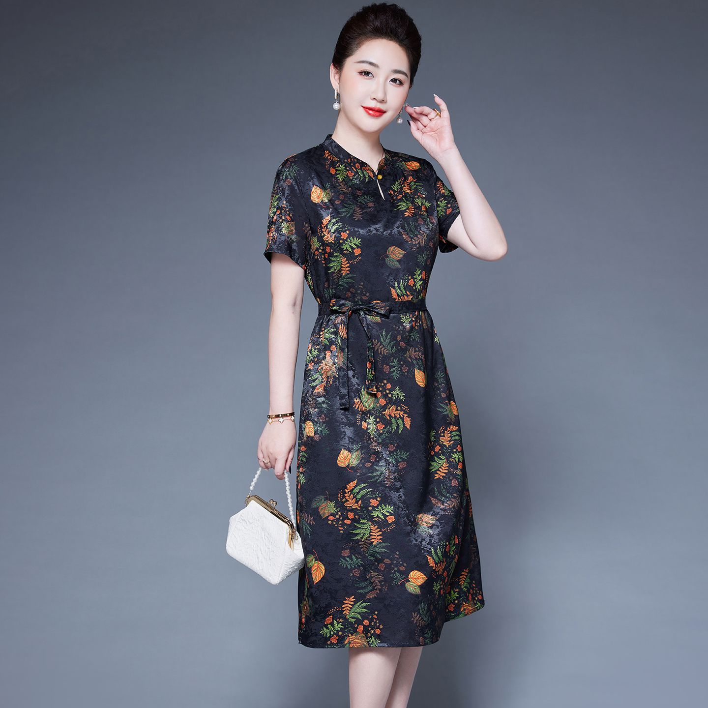 13441854.珍真羊 旗袍连衣裙夏装新款妈妈装新中式印花裙子