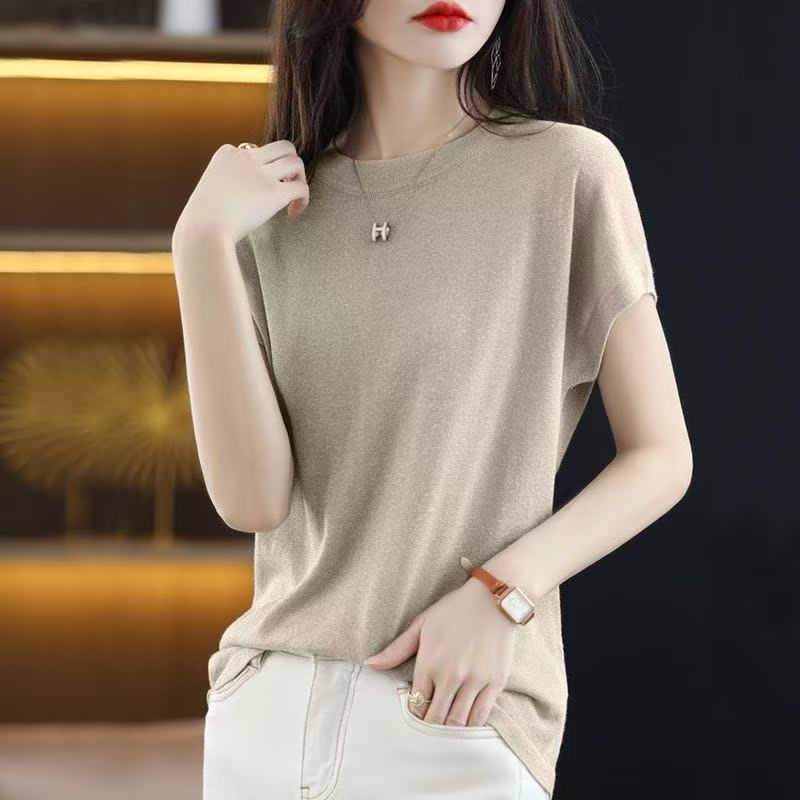 13446638.珍真羊 亮丝短袖T恤女夏装时尚休闲圆领银丝半袖打底衫