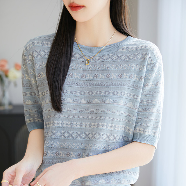 13446693.珍真羊 针织短袖T恤女夏装时尚圆领休闲半袖打底衫