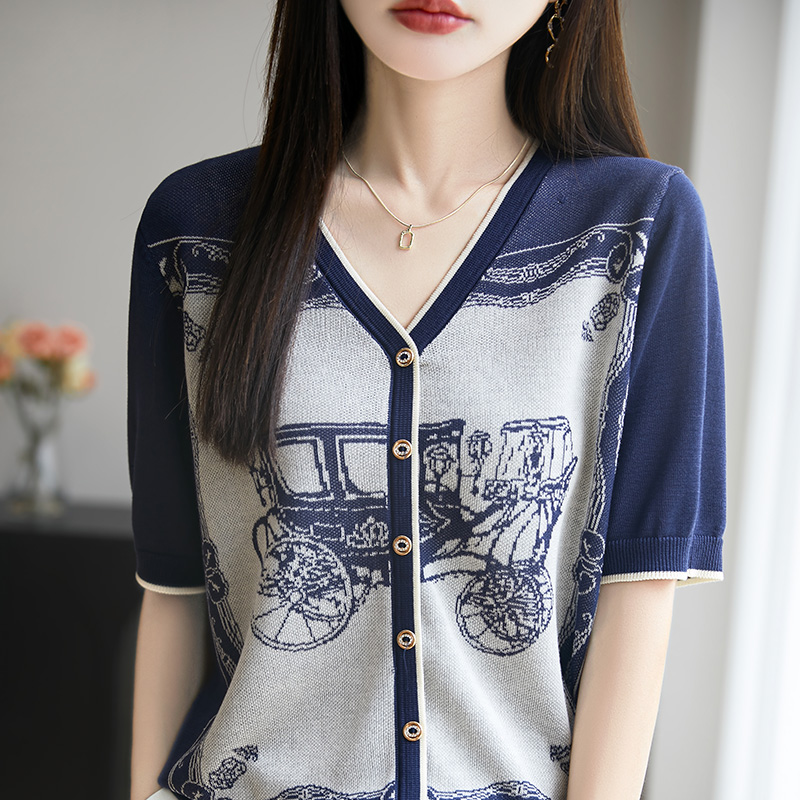 13446662.珍真羊 短袖T恤女夏装时尚V领宽松休闲针织衫
