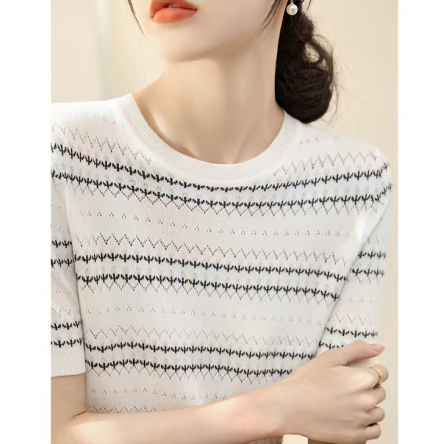 13447092.珍真羊 针织短袖T恤女夏装时尚圆领休闲打底衫